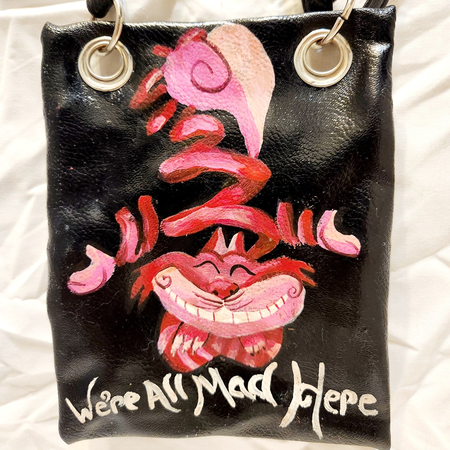 "We're all Mad Here" Alice in Wonderland hand painted cross body bag