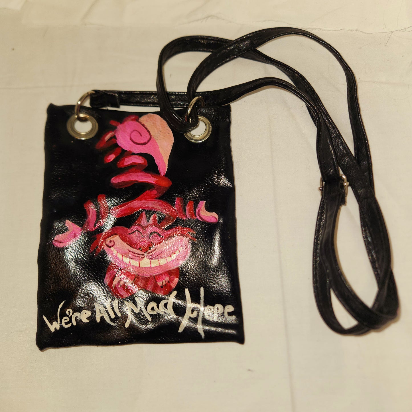 "We're all Mad Here" Alice in Wonderland hand painted cross body bag