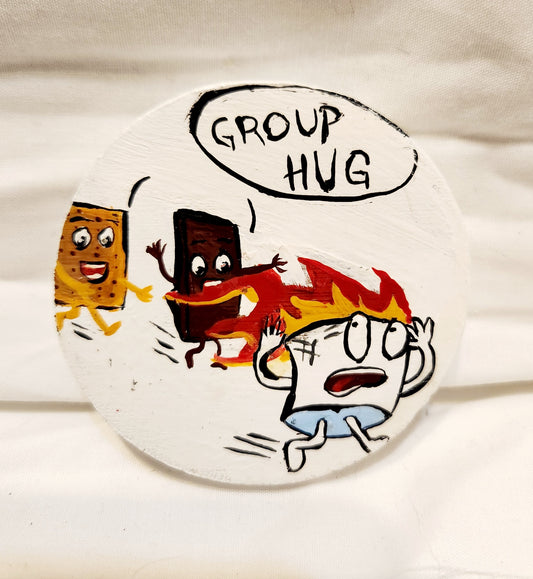 "Group Hug" Hand Painted Wooden Coaster with magnetic back and bottle opener
